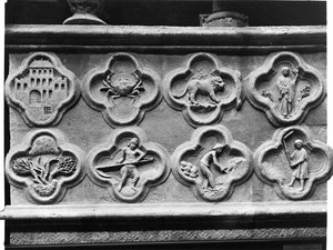 Quatrefoils of the Prophet Aggee: Templet gjenoppbygd, og den tørkede jorden, og quatrefoils med stjernetegnene og årets arbeid, fra katedralen Notre-Dame i Amiens (gips) av French School