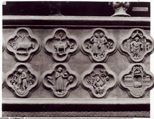 Quatrefoils med stjernetegnene, Årets arbeid og profetene Sophonie og Ezekiel, fra katedralen Notre-Dame i Amiens (gipsstøpt av stein) av French School