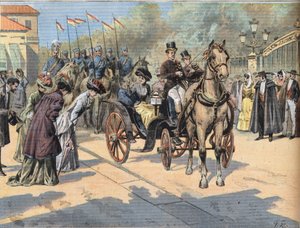 Dronning Marie Christine de Teschen (1858-1929) hilser dronningene av Paris Marches, fra avisen "Le Petit Parisien" " av French School