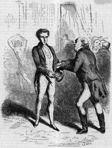 Rastignac dizzy lets the white-haired man take ten louis. Engraving mid 19th century. Illustration for “The Father Goriot” by Honore de Balzac (1799-1850). av French School