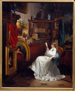 Leser en jente som leser en bok på et kontor. Maleri av den franske skolen. Privat samling fra 1800-tallet av French School