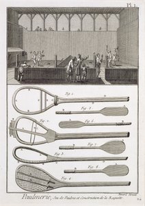 Ekte tennis og konstruksjon av racketer, fra Encyclopedia av Denis Diderot (1713-84), gravert av Robert Benard (f.1734), utgitt ca. 1770 av French School