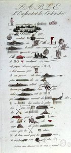 Rebus som skildrer Fable of the Child and the Dove, tidlig på det nittende århundre (fargegravering) av French School