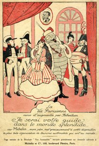 Husk 1914 for Michelin-dekket. La Vie Parisienne anmeldt og utvidet av Bibendum: «Jeg vil være din guide i den strålende verden, fordi Michelin, min far, gir deg den vakreste bilturismeorganisasjonen i verden.» På veggen, en ramme med  av French School