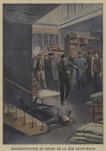 Rekonstruksjon av et drap i Rue Saint-Maur, Paris (farge litho) av French School