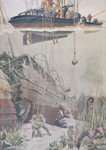 Gjenvinning av skatter fra vraket av Oceana, illustrasjon fra Le Petit Journal, 1912 av French School