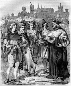 Rektor og studenter fra forskjellige nasjoner ved universitetet i Praha på 1600-tallet. Gravering fra 1852. av French School