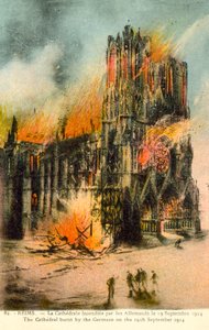 Reims, katedralen brent av tyskerne 19. september 1914 (farge litho) av French School