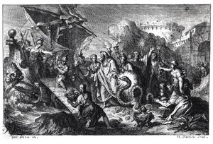 Reinkarnasjon av Asclepios som en slange på tidspunktet for ankomsten av hans kult til Roma fra Hellas i 293 f.Kr. av French School