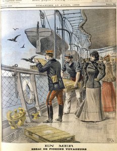 Slipper ut den franske hæren som søker duer om bord på det transatlantiske ruteskipet La Bretagne mellom Le Havre og New York av French School