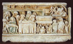 Relieff som viser scener fra Kristi lidenskap: Pieta, gravleggingen og de hellige kvinnene ved graven av French School