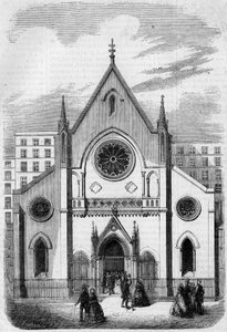 Religiøs arkitektur: utsikt over fasaden til tempelet for amerikanere som bor i Paris, rue de Berry, i 1857. Bygning bygget av arkitekten Mr. Salmon. Gravering i "" Le Monde Illustré"" nr. 33 av 28. november 1857. av French School