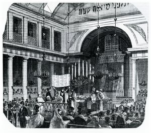 Religiøs seremoni ved den gamle synagogen i Paris for Rosh Hashana, illustrasjon fra Le Tableau de Paris av Edmond Texier, utgitt i Paris, 1852 av French School