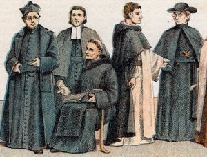 Religiøse kostymer: fra g a d portrett av en jesuitt, en far Mariste (Marcellin Champagnat), en benediktinermunk, en dominikanermunk og en oblat - Gravering - Religiøse drakter: fra venstre til høyre, portrett av en jesuitt, en maristbror, en benediktiner  av French School