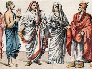 Religiøse kostymer i antikken: fra et portrett av en gresk prest, offerminister, en stor pave i det gamle Roma (Pontifex maximus), en vestal, en pretress fra det gamle Roma og en flamingo (flamen) romersk prest viet til tilbedelsen av en Gud av French School