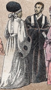 Religiøse drakter i Asia: to shintoprester fra Japan - Gravering - Religiøse kostymer i Asia: to shintoprester fra Japan - Gravering - Privat samling av French School