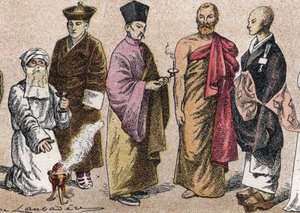 Religiøse kostymer i Asia: fra et portrett av en prest Parsi (parse eller tilhenger av parsisme), Lama (tibetansk åndelig mester), kinesisk buddhistprest, Ceylon bonze og japansk buddhistprest - Gravering - Religiøse kostymer i Asia: fra venstre til rigg av French School