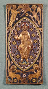 Relikvieplakett som viser Kristus med symbolene til evangelistene (emaljert kobber)