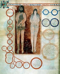 Representasjon av Adam og Eva, de røde medaljongene representerer linjen til Kain, ødelagt av Deluge Miniature som illustrerer kommentarene til "Apokalypsen ifølge Saint John" skrevet i 775 av munken Beatus de Liebana av French School