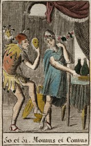 Representation of Comus, divinite of gourmets and cuisine, he presides feasts, represente leans on a stake with a torch and Momos, personification of the mockery and Sarcasm, he is represented as a court jester. (Momus the personnification of satire and mo av French School