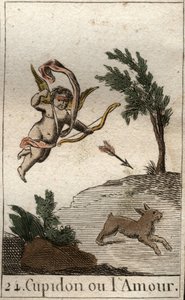 Representation of Cupid, or Amour, servant of Venus, as a child blindfolded, drawing an arrow (Cupid, god of Love, as a child blindfolded, drawing an arrow). From “Mythology of Youth” by Pierre Blanchard 1803. av French School