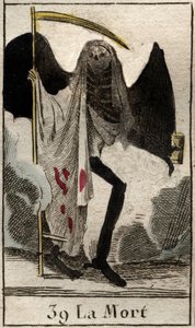 Representasjon av døden, skjelett kledd i svart og vinge, han holder en stor falsk. (Døden, bevinget skjelett kledd i svart, holder en ljå) Fra "Mythologie de la jeunesse" av Pierre Blanchard 1803. av French School