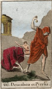 Representation of Deucalion and Pyrrha, the only survivors after the deluge caused by Zeus to destroy the human race. Themis after the deluge asks them to walk the head covered by throwing behind them the bones of their mother (the stones of the Earth) (Re av French School