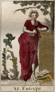 Representasjon av Euterpe, musikkmuse, omgitt av musikkbøker og spiller dobbelfløyte (aulos) (Euterpe, musikkmuse, som viser å holde en dobbelfløyte (aulos)). Fra "Mythology of Youth" av Pierre Blanchard 1803. av French School