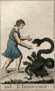 Representasjon av uskyld, som et barn som mater en farlig slange. Fra "Mythology of Youth" av Pierre Blanchard 1803. av French School