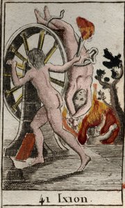 Representation of Ixion, punished by the gods, he is condemned to be chained to a burning wheel that turns endlessly. (Ixion, punished by the Gods, is binded to a winged fiery wheel that always spin) From “Mythologie de la jeunesse “” by Pierre Blanchard 1 av French School