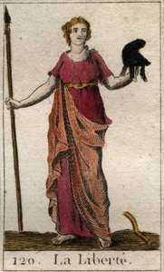 Representasjon av Liberte som en kvinne som holder en frygisk hatt og en spade. (Friheten som en ung kvinne, med en frygisk hatt og en gjedde). Fra "Mythology of Youth" av Pierre Blanchard 1803. av French School