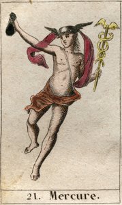Representasjon av Merkur, gud for handel, reise og budbringer for andre guder. Han holder en caduceus, og bærer en petase (Mercury, handelsguden og budbringer for de andre gudene, han holder en caduceus og bærer en petasos). Fra "Mythology of Youth&qu av French School