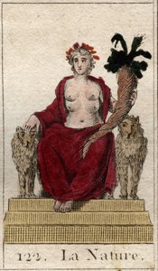 Representasjon av naturen som en kvinne på en trone med et horn av overflod, med mange bryster for å mate alle vesener. (Naturen som en ung kvinne med et overflødighetshorn og flere spener for å mate alle vesener). Fra "Mythology of Youth" av Pierre Blanch av French School