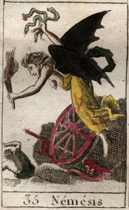 Representasjon av Nemesis, hevnens gudinne, representert som en kvinne ailee som holder en fakkel, og slanger, hjul og ror indikerer at de forfulgte ofrene hennes til sjøs og til lands. (Nemesis, hevnens gudinne, representert som en bevinget kvinne, som ho av French School
