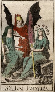 Representation of Parques (Cabinets), Clotho, Lachesis and Atropos, deities of human destiny, from birth to death, as very old women spinning. (Parcae, Clotho, Lachesis and Atropos, personification of human destiny, represented as old women spinning). From av French School