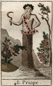 Representation of Priape, god of libertinage and fertility, often represents with a penis giant in erection, holding a sickle in his hand. (Priapus, rustic fertility god, often represented with a permanently erected penis, he holds a sickle). From “Mytholo av French School