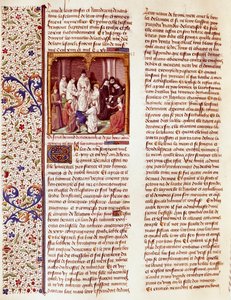 Representasjon av Sankt Bernhard av Clairvaux (San Bernardo di Chiaravalle) (1090–1153), et barn. Han er midt i bildet med en aureole over hodet. Miniatyr i «Le miroir historial» (Speculum Historiale) (ms. 1196, fol. 372) av Vincent de Beauva av French School