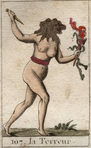 Representasjon av terror, som en kvinne med et løvehode, som holder en kniv og slanger. Fra "Mythology of Youth" av Pierre Blanchard 1803. av French School
