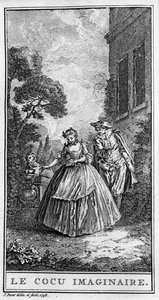 Representasjon av en scene fra stykket "" Sganarelle ou le cuckold imaginaire"" (1660) av Jean Baptiste Poquelin dit Moliere (1622-1673). Gravering fra 1738. av French School