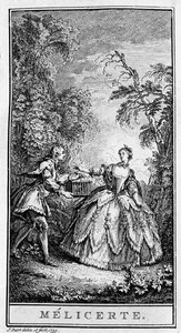 Representasjon av en scene av stykket "" Melicerte"" (1666) av Jean Baptiste Poquelin dit Moliere (1622-1673). Gravering fra 1739. av French School