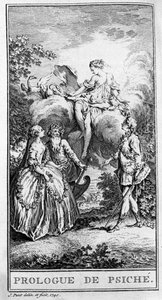 Representasjon av en scene av stykket "" Prologue de Psyche"" av Jean Baptiste Poquelin dit Moliere (1622-1673). Gravering fra 1740. av French School