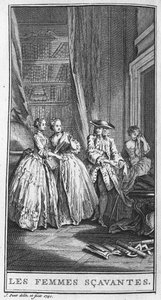 Representasjon av en scene i stykket "" Les femmes savantes"" (1672) av Jean Baptiste Poquelin dit Moliere (1622-1673). Gravering fra 1740. av French School
