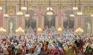 Representasjon av et møte med "" Jeu du roi"" ved hoffet til kong Ludvig XV, kongens spill av French School