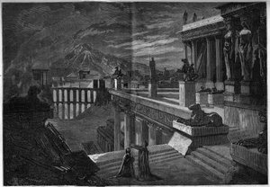 Representasjon av en opera: "" Herculanum"" på en libretto av Joseph Mery (1798-1866) og T. Hadot og en musikk av Felicien David (1808-1876). Byen Herculanum på tidspunktet for dens ødeleggelse under utbruddet av Vesuve (siste scene i akt V). A-en av French School