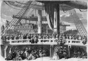 Representasjon av en opera: dekor av 3. akt av "The African", basert på en libretto av Eugene Scribe (1791-1861) og en musikk av Giacomo Meyerbeer (1791-1864). Episode av Angelus synger på skipet. 1865. Gravering i "" Le Monde Illustré"" n°420 av 2 av French School