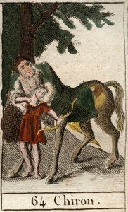 Representasjon av kentauren Chiron, halv mann halv hest, mester i bueskyting, han underviser i denne kunsten i Achilles. (Representasjon av kentauren Chiron (Cheiron eller Kheiro), halvt menneske halvt hest. Han lærer den unge Achille bueskytingskunsten).  av French School