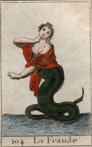 Representation of cheating (dishonesty), as a dangerous snake with a smiling head of woman). From “Mythology of Youth” by Pierre Blanchard 1803. av French School