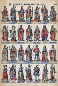 Representasjon av konger og dronninger av Frankrike fra Capetian-dynastiet (fra Louis VII til Charles VIII). Illustrasjon sent på 1800-tallet. av French School