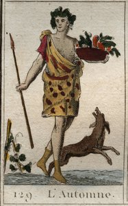 Darstellung der Herbstsaison als Vertumnus, der einen Korb mit Früchten hält, mit einem Hund. Aus „Mythologie der Jugend“ von Pierre Blanchard 1803.