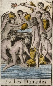 Representation of the Danaides, daughters of King Danaos, condemned to the Underworld, endlessly filling a bottomless barrel, for killing their cousins and husbands. (The Danaides, daughters of Danaus (or Danaos) punished by the Gods in Tartarus to carry a av French School